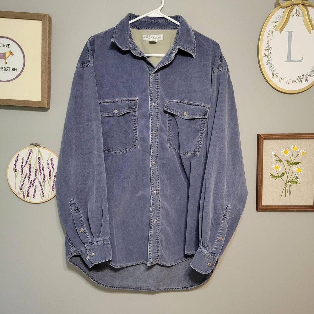 Vintage 90s Banana Republic Micro Corduroy Pearl Snap Shirt XL Granola Gorpcore
